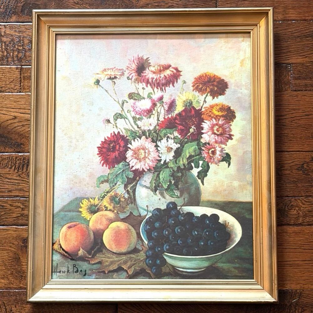 Vintage Henk Bos Signed Still Life Floral Fruit Framed Art Print